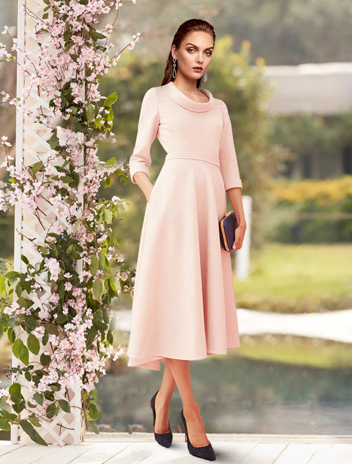 Wholesale  Sheath / Column Mother of the Bride Dress Minimalist Sweet Scoop Neck Tea Length Satin 3/4 Length Sleeve with Pleats Solid